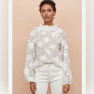 H&M sheer ruffle neck blouse with floral embroidery M